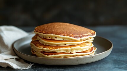 Stack of Golden Pancakes on Minimalist Plate Against Dark Backdrop