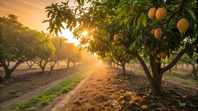Golden Hour Mango Orchard with Glowing Ripe Fruits in Warm Sunset Light - Powered by Adobe