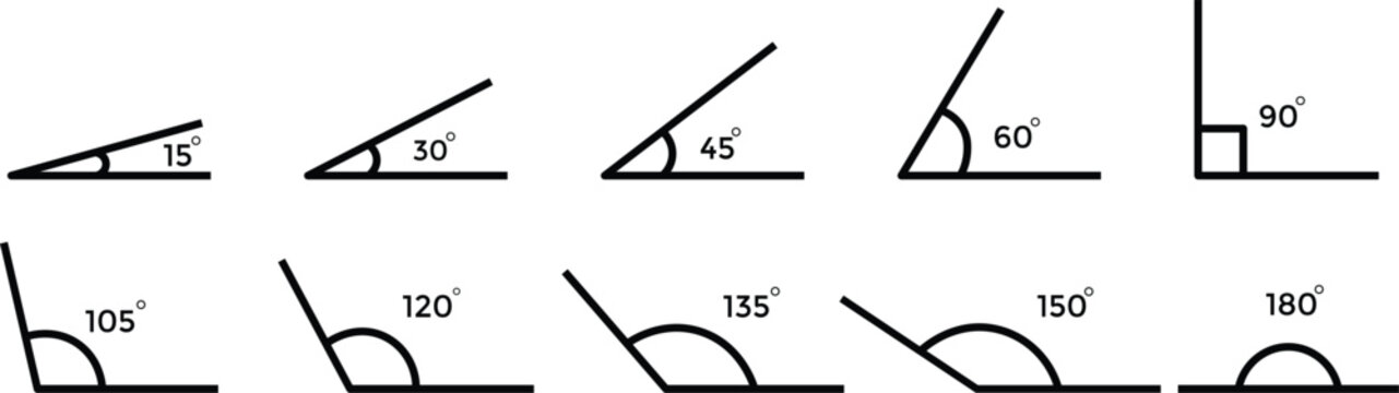 Set of acute and right angles of triangle. Various angles 15, 30, 45, 60, 75, 90, 105, 120, 135, 150, 180 degree icon set. geometry and trigonometry
