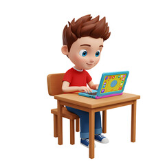 3D Render Boy Using Laptop at Desk on transparent background