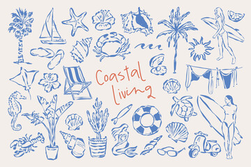 Coastal living hand drawn illustration collection. Travel doodles. Art for postcards, menu, print posters, packaging design.