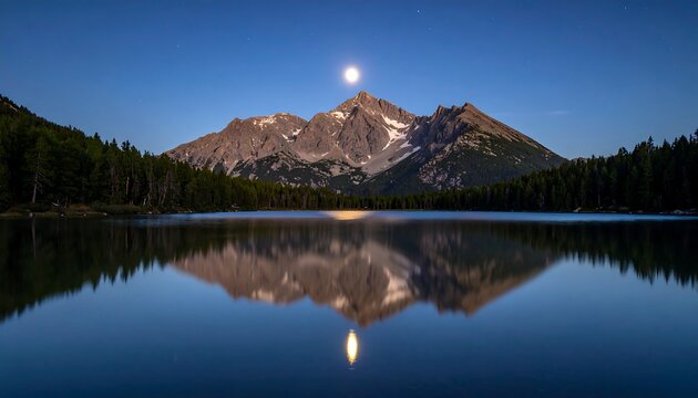 Mountain lake at night under moonlight