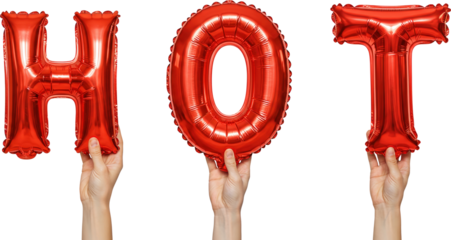 Hands holding red "HOT" balloons