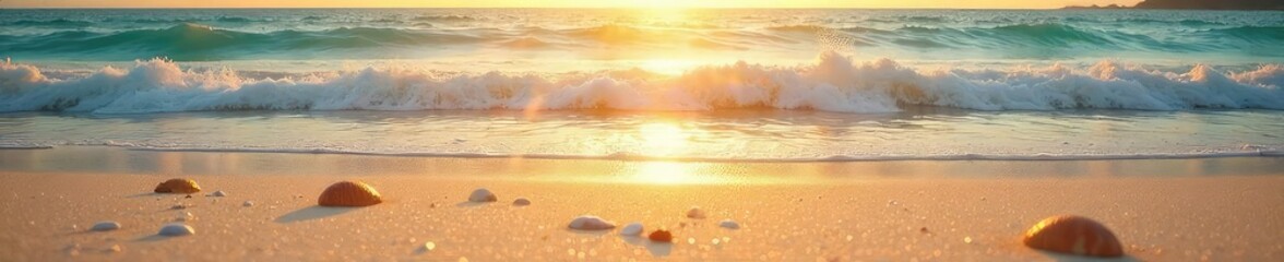 Golden hour sunlight bathes a pristine beach, waves gently lapping the shore Perfect summer vacation scene, idyllic and tranquil Seashells scattered on the sand , holiday, sand, sea