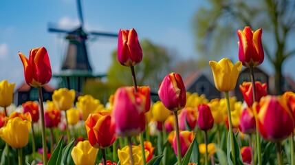 Vibrant tulip field with yellow and red blooms before a Dutch windmill under blue spring sky, colorful floral landscape