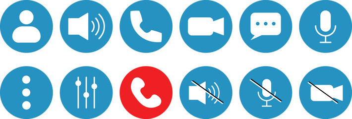 Video call buttons set.  Videocall Icon. Collection of internet conversation buttons. Video chat concept. Avatar, video call, handset, speaker, message, and mute buttons. Vector icons.
