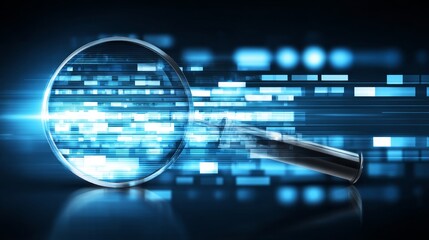 Fototapeta premium Magnifying glass scanning digital interface with futuristic tech background. Transparent vector concept representing search, analysis, data exploration, and electronic scanning in modern technology