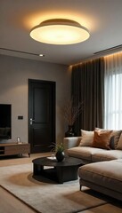 Fototapeta premium Modern minimalist ceiling light fixture illuminates a contemporary living room, casting soft, warm light Sleek design element enhances the room's aesthetic appeal , fixture, soft light, lamp