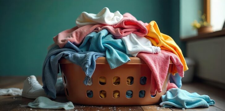 Overwhelming pile of dirty clothes, shirts, socks, and towels overflowing from a laundry basket A messy, chaotic scene representing neglected chores and a full laundry load , clothing, unclean