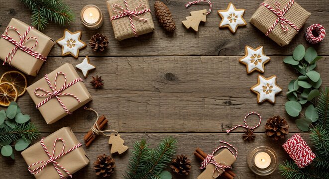 Rustic Christmas Arrangement: Gifts, Cookies, Pine Cones on Wooden Surface - Powered by Adobe