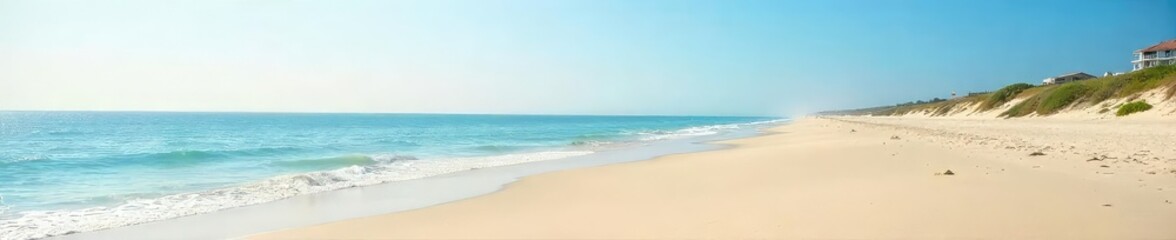 Fototapeta premium Serene coastal landscape featuring a wide expanse of sandy beach meeting the endless horizon under a clear sky Perfect for travel, vacation, and nature themes , golden sand, summer