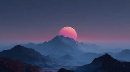 Fototapeta premium Futuristic red-pink planet rising over rocky mountainous horizon under starry night sky in sci-fi alien landscape. Surreal terrain with dramatic lighting and cosmic atmosphere, 3D render concept