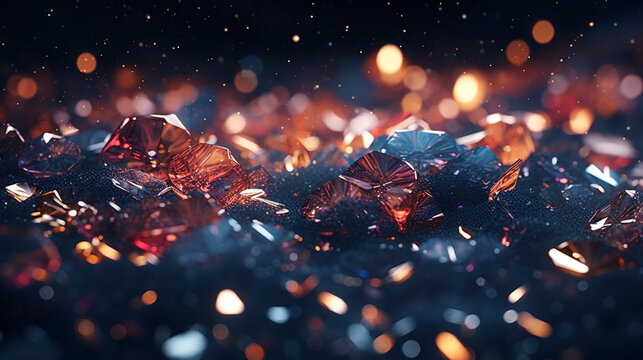 Close up view of red and blue crystals with bokeh lights and sparkling dust particles scattered around