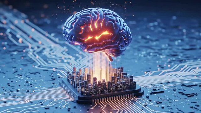 A digital brain hovers above a computer chip, symbolizing artificial intelligence and the future of technology - Powered by Adobe