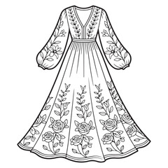 Outline drawing of a long dress with floral embellishments