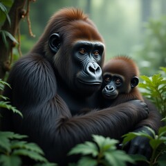 Fototapeta premium Powerful gorilla sitting quietly in dense tropical forest, observing surroundings.