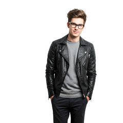 Fototapeta premium Stylish Young Man in Leather Jacket Fashion Photography on transparent background