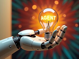 Artificial intelligence innovation and autonomous agent concept with robotic hand holding glowing lightbulb labeled agent
