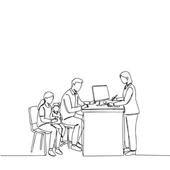 Family with child discussing financial matters with advisor in office  