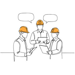 Construction team discussing project details while wearing hard hats  