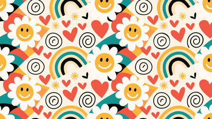 Fototapeta premium Seamless pattern with rainbows, hearts, smiley face flowers, and spirals on a beige background