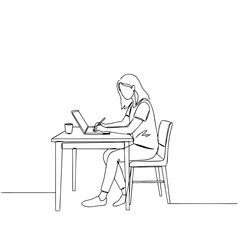 Young woman working at a table with laptop and notebook in minimalist style  