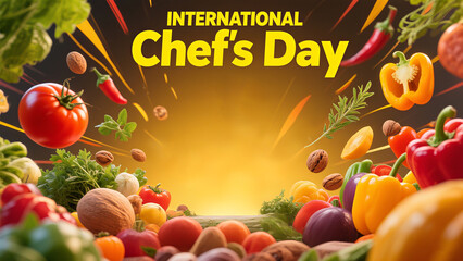 Splashing fresh vegetables set against the chef's day title, representing the passionate burst of culinary creativity, used for cooking competition promotion and food festival event scenes.
