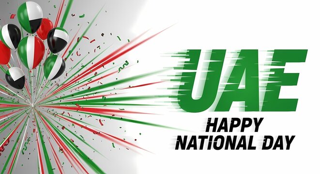 Graphic design celebrating UAE National Day with balloons, confetti, and stylized text on a white background.