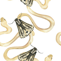Mystic watercolor seamless pattern for textile with night moth and beige snake illustration. Repeated background with butterfly and boa clipart. Esoteric and witchy painting for wallaper,taro card