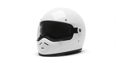 Clean white retro full face motorcycle helmet on isolated studio white background