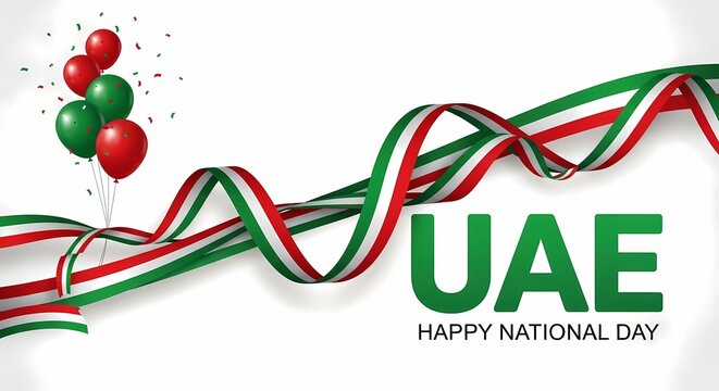 Illustration celebrating UAE National Day with green, white, and red ribbon, balloons, confetti, and the letters "UAE" with "Happy National Day" text. - Powered by Adobe