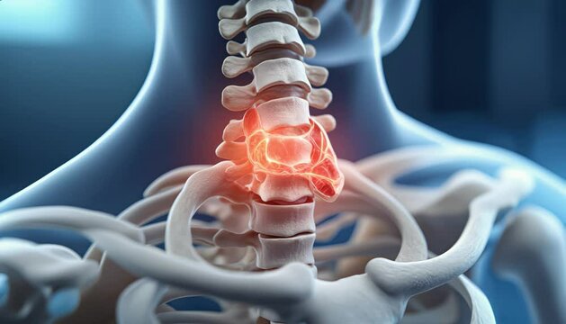 3D of cervical nerve compression, bulging disc pressing nerve root, glowing red pain signals.