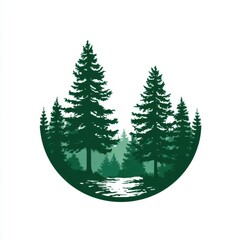 Forest landscape with evergreen trees and a calm reflective water body in a circular composition