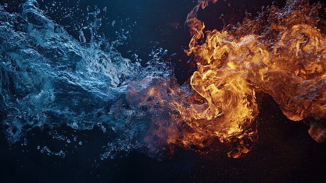 Swirling water and fire clash abstractly on a dark background