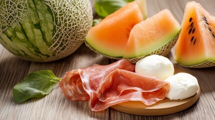 Fresh Italian Prosciutto with Mozzarella and Melon on Wooden Board