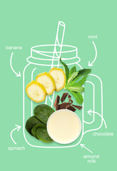 Creative food drink health diet concept photo of fruits in shape of cocktail beverage glass on...