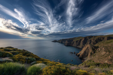 Naklejka premium Dramatic coastal landscape with cliffs, wildflowers, and dynamic cloud formations over the ocean at sunset