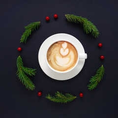 Creative concept holiday celebration photo of christmas wreath toys balls decoration with coffee...