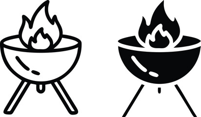Barbecue Grill Fire Icon Vector, BBQ Flame Outline and Solid Cooking Symbol