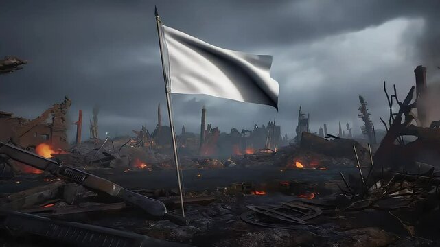 A desolate battlefield with a white flag signaling surrender amidst ruins and smoke in the background
