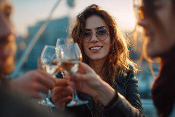 Young woman with sunglasses smiling and toasting white wine with friends during a sunny outdoor gathering