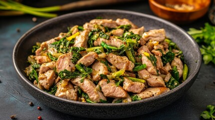 Fototapeta premium Delicious Minimalist Italian Veal Piccata with Fresh Vegetables