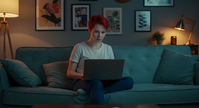 Mujer que usa tarjeta de cr&eacute;dito en la computadora port&aacute;til en casa