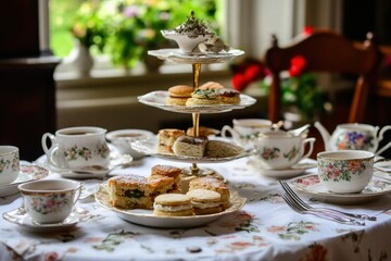 Afternoon tea served on a table with vintage porcelain set