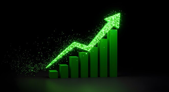 Un gr&aacute;fico verde del mercado de valores est&aacute; subiendo sobre un fondo oscuro, con efectos de luz brillantes, en alta resoluci&oacute;n.
