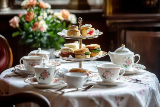 Afternoon tea with tiered tray and floral decor