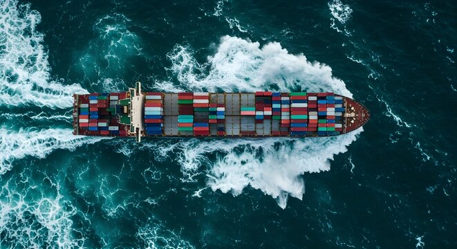 Un barco de contenedores lucha contra las olas masivas en un oc&eacute;ano turbulento visto desde arriba que simboliza los mercados vol&aacute;tiles inestabilidad econ&oacute;mica y la lucha por navegar en tiempos financi