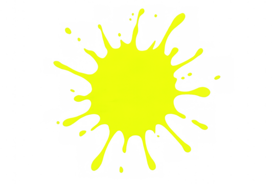 Vibrant yellow paint splatters dynamically against a transparent background, creating an energetic and eye-catching visual