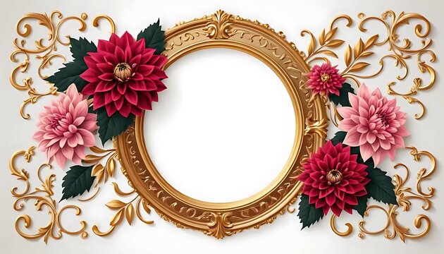 Elegant gold frame adorned with red and pink dahlia flowers and golden flourishes on a white background.