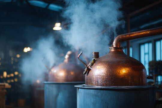 Traditional copper stills producing steam in a distillery for crafting spirits and liquors